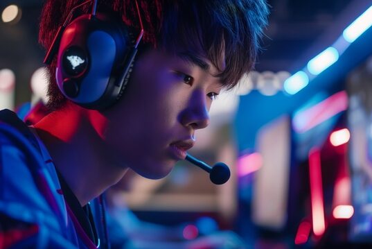 Man with purple headphones and microphone playing video game