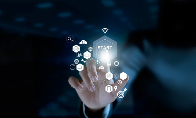 Startup concept. Businessman touching icon start up and icon net