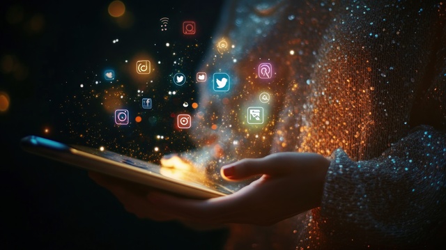 small person holding a tablet with social media icons emitting from the screen