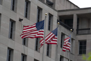 Washington dc 16th street buildings windows waving usa flag