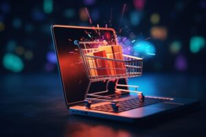 A shopping cart emitting from laptop shopping concept