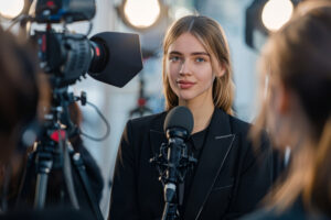 a woman gives an interview in front of the camera with a smile on her face.